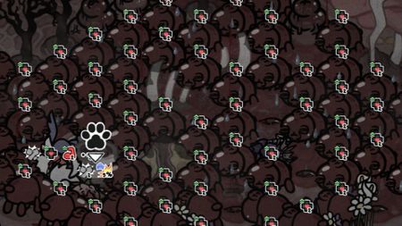 Mewgenics screenshot showing a ton of enemies filling the screen 
