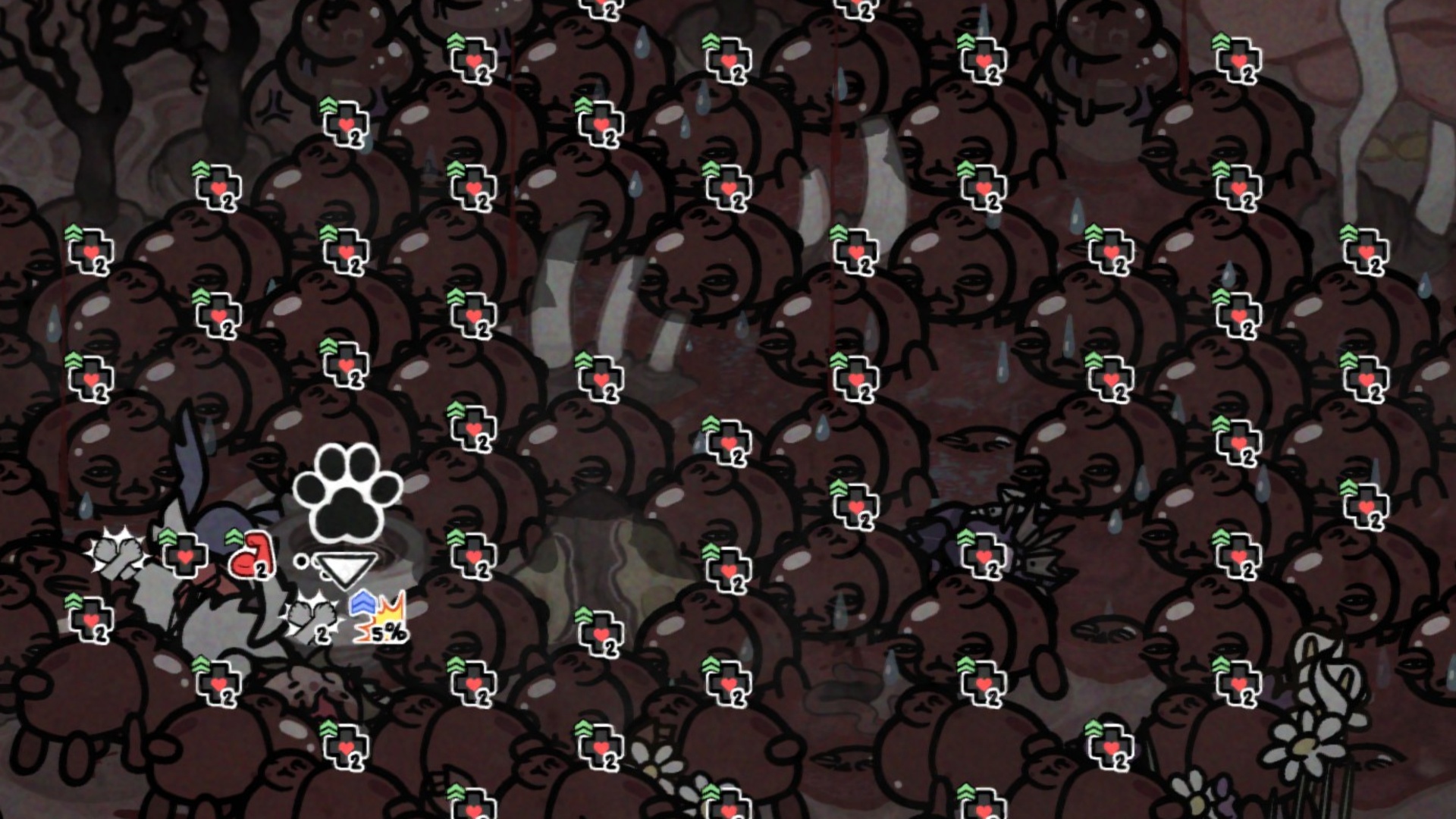 Mewgenics screenshot showing a ton of enemies filling the screen 