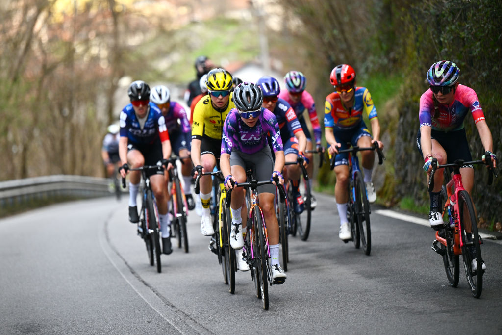 CITTIGLIO, ITALY - MARCH 16: Ella Wyllie of New Zealand and Team Liv AlUla Jayco compete in the breakaway during the 26th Trofeo Alfredo Binda-Comune di Cittiglio 2025 - Women's Elite a 152km one day race from Luino to Cittiglio / #UCIWWT / on March 16, 2025 in Cittiglio, Italy. (Photo by Luc Claessen/Getty Images)3