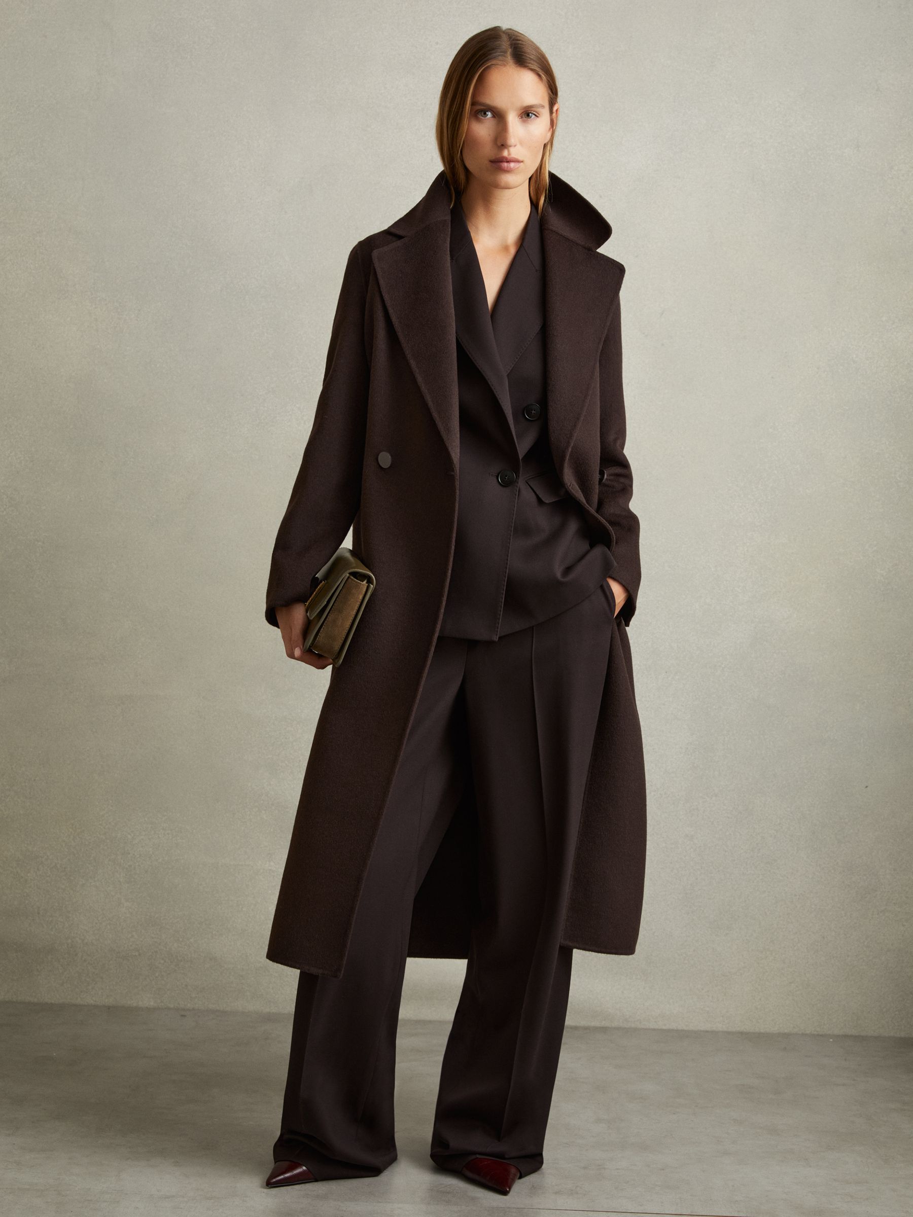 Wool-Blend Double-Breasted Blindseam Coat in Chocolate - Size 4