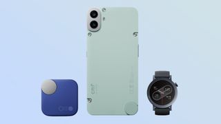 CMF Phone 1 by Nothing flanked by CMF Watch Pro 2 and CMF Buds Pro 2.