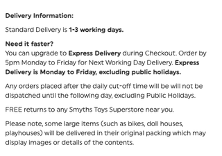 Smyths toys delivery details online