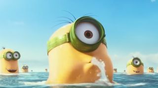 A minion coming out of the water and spitting water out of its mouth