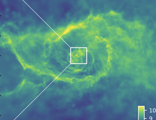 This still image from Northwestern University's new simulation shows the center of a massive galaxy, where a supermassive black hole exists.