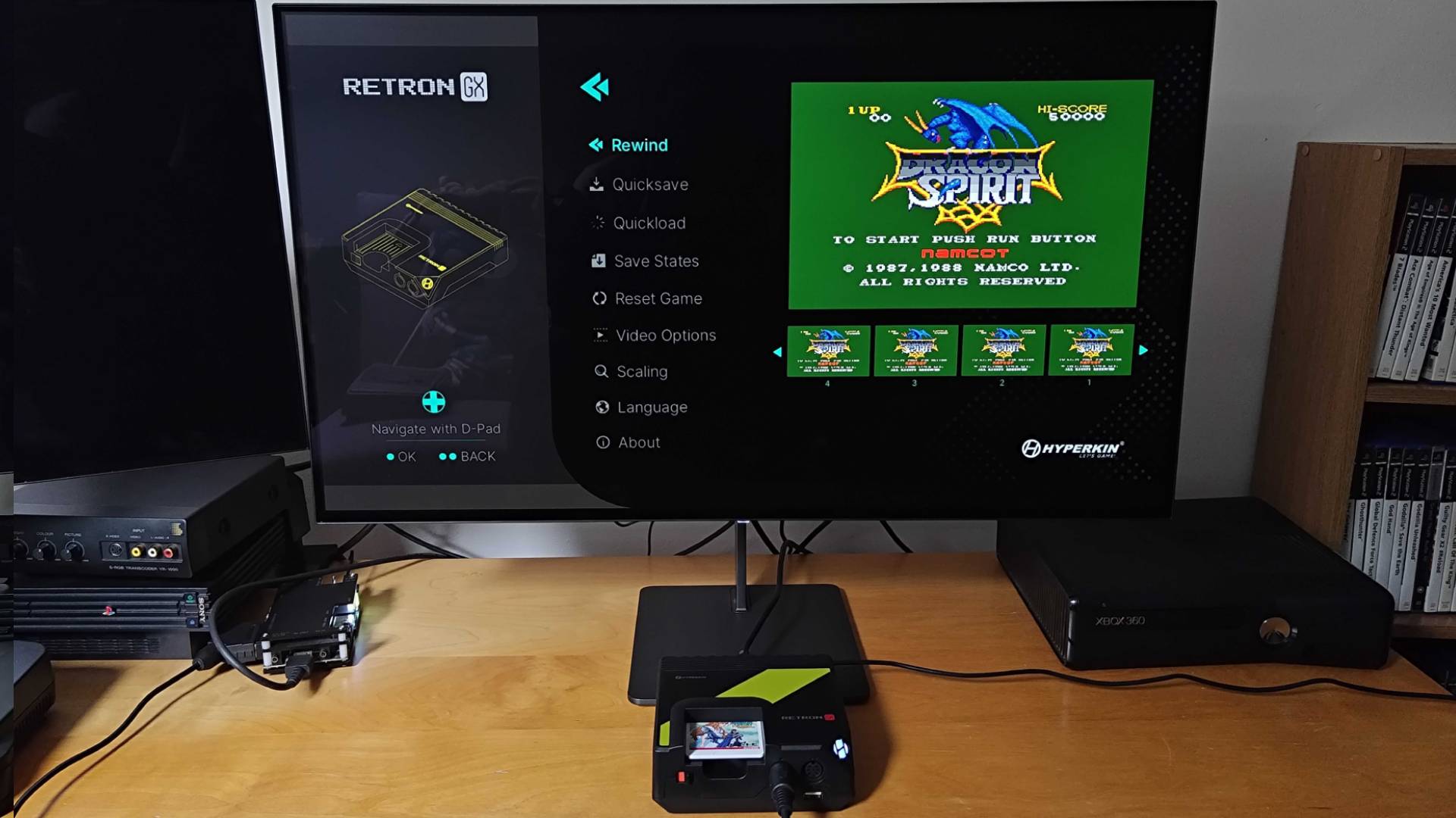 Hyperkin Retron GX hooked up to gaming monitor with rewind feature selected.