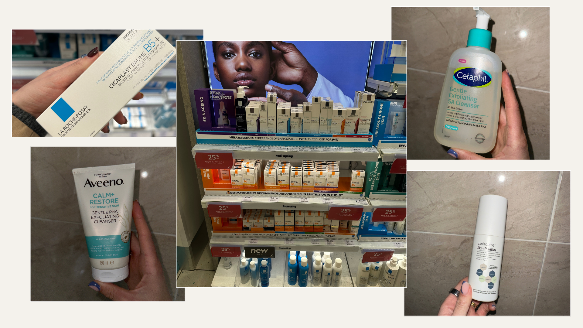 A collage with photos of pharmacy skincare products on a shelf and products in a bathroom
