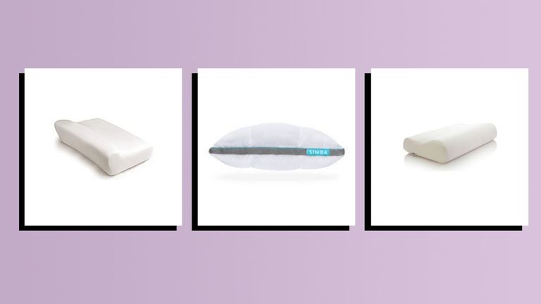 a collage image of three of the best pillows for neck pain in w&h's expert guide