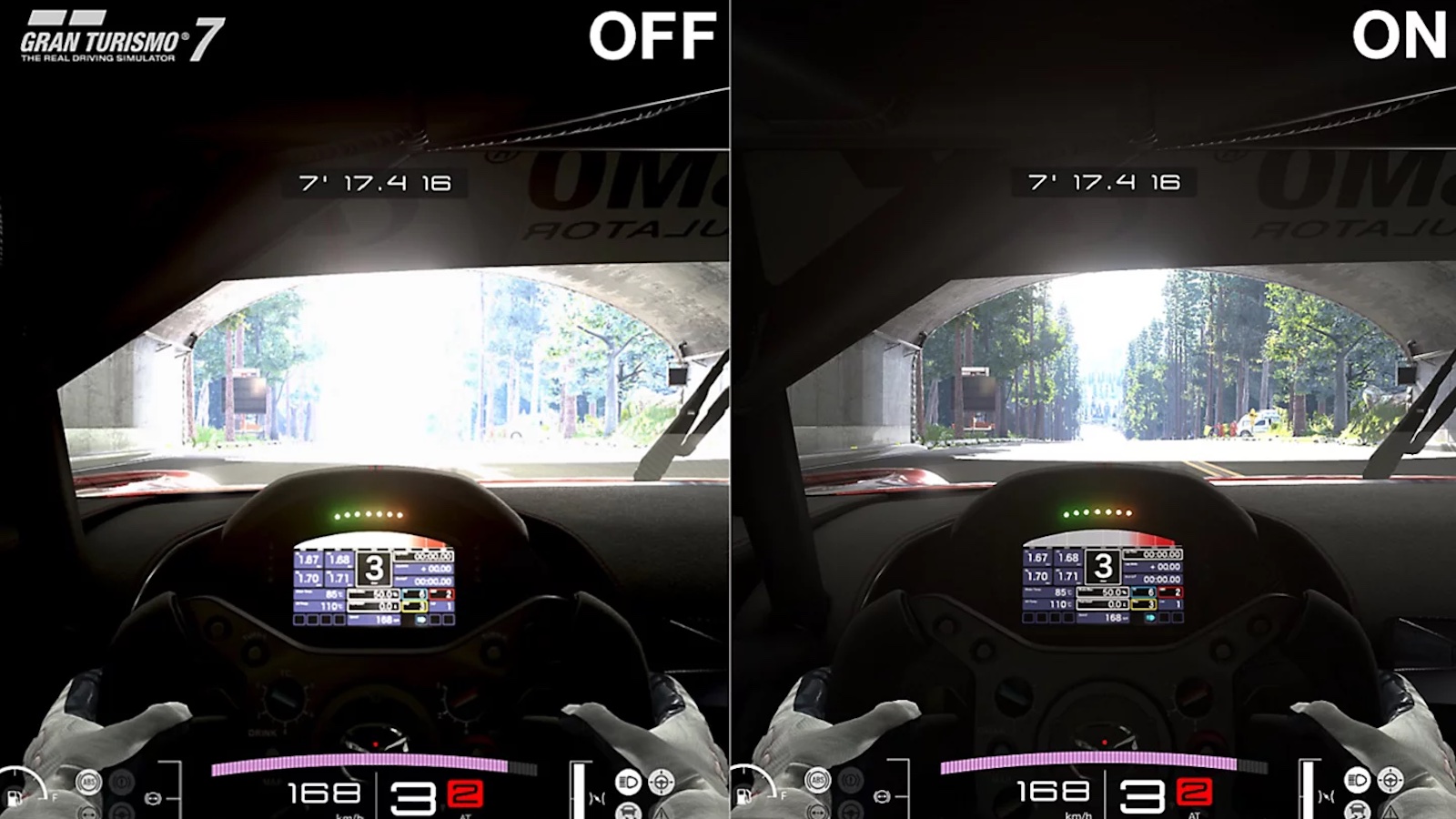 A side-by-side comparison of Gran Turismo 7 with HDR Tone Mapping set correctly on one side and not set on the other.