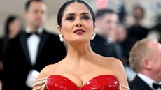 US-Mexican actress Salma Hayek arrives for the 2023 Met Gala at the Metropolitan Museum of Art on May 1, 2023, in New York. - The Gala raises money for the Metropolitan Museum of Art's Costume Institute. The Gala's 2023 theme is "Karl Lagerfeld: A Line of Beauty." 