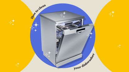 A dishwasher on a background of blue and yellow circles with text that reads how to clean a dishwasher