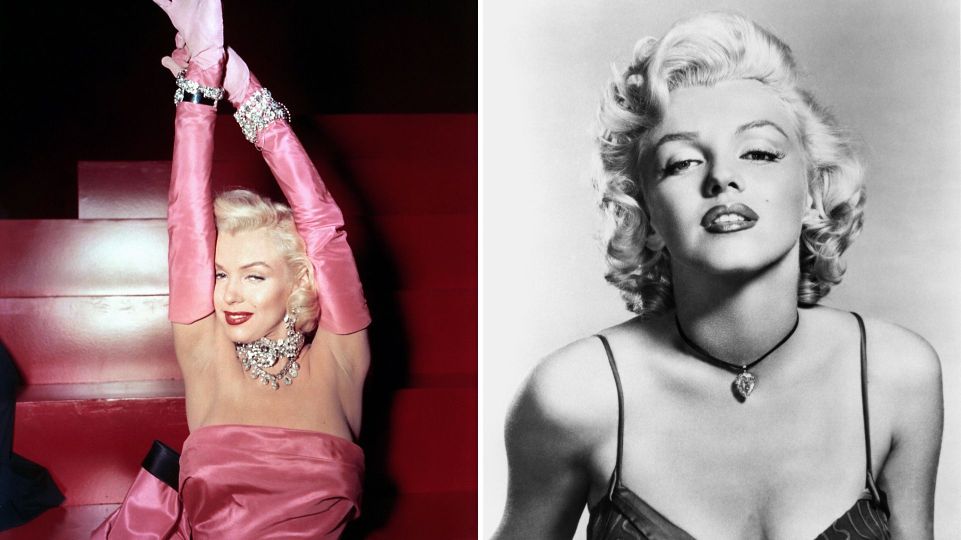 L-Marilyn Monroe in Gentlemen Prefer Blondes, R-Marilyn Monroe posing wearing the Moon of Baroda necklace