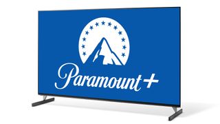 Logo for streaming service Paramount+ displayed on a flatscreen TV