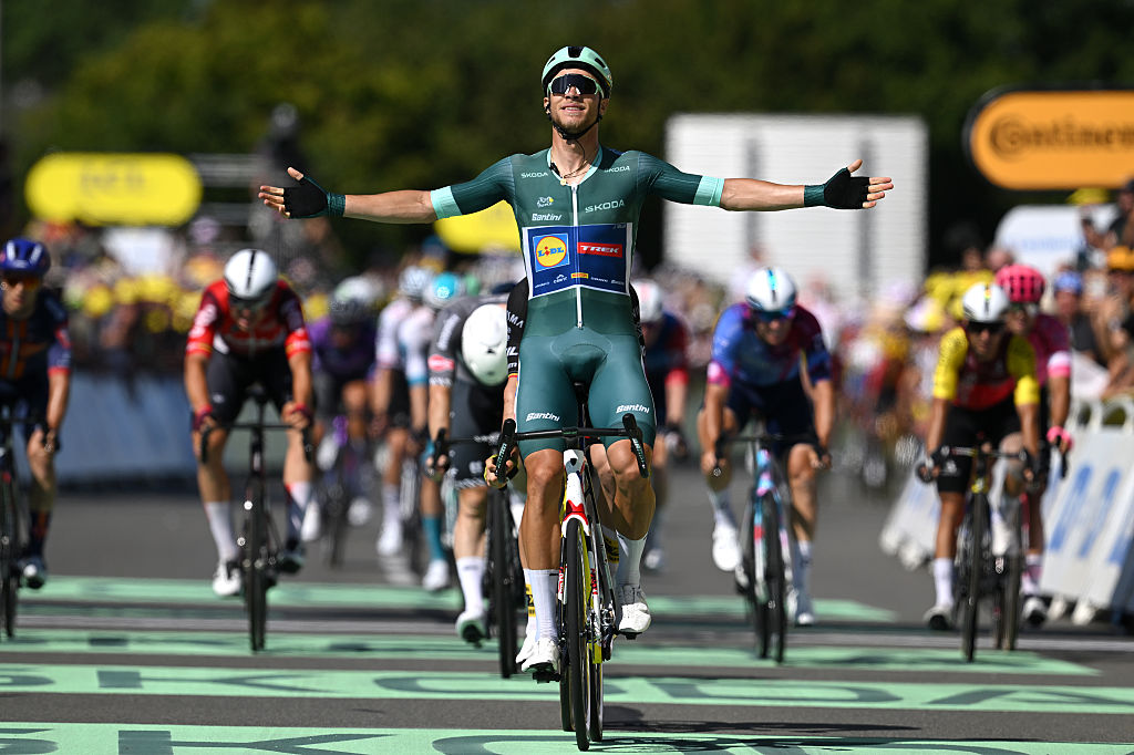LAVAL, FRANCE - JULY 12: Jonathan Milan of Italy and Team Lidl - Trek - Green Sprint Jersey celebrates at finish line as stage winner during the 112th Tour de France, Stage 8 a 197km stage from Saint-Meen-le-Grand to Laval (Espace Mayenne) / #UCIWT / on July 12, 2025 in Laval, France. (Photo by Dario Belingheri/Getty Images)