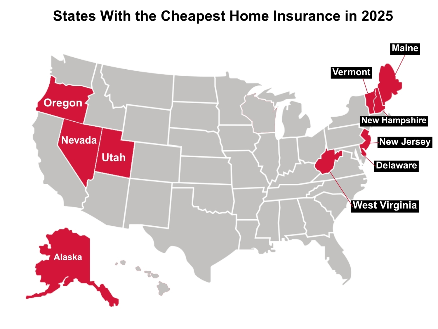 Map of the United States with the cheapest states for home insurance highlighted.