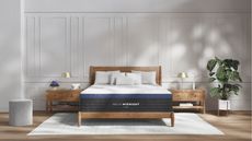 Helix Midnight Luxe Mattress pictured on a wooden bed frame in a large bedroom with white panelled walls, wooden flooring, a pale grey rug, and large houseplant, with two matching wooden nightstands.
