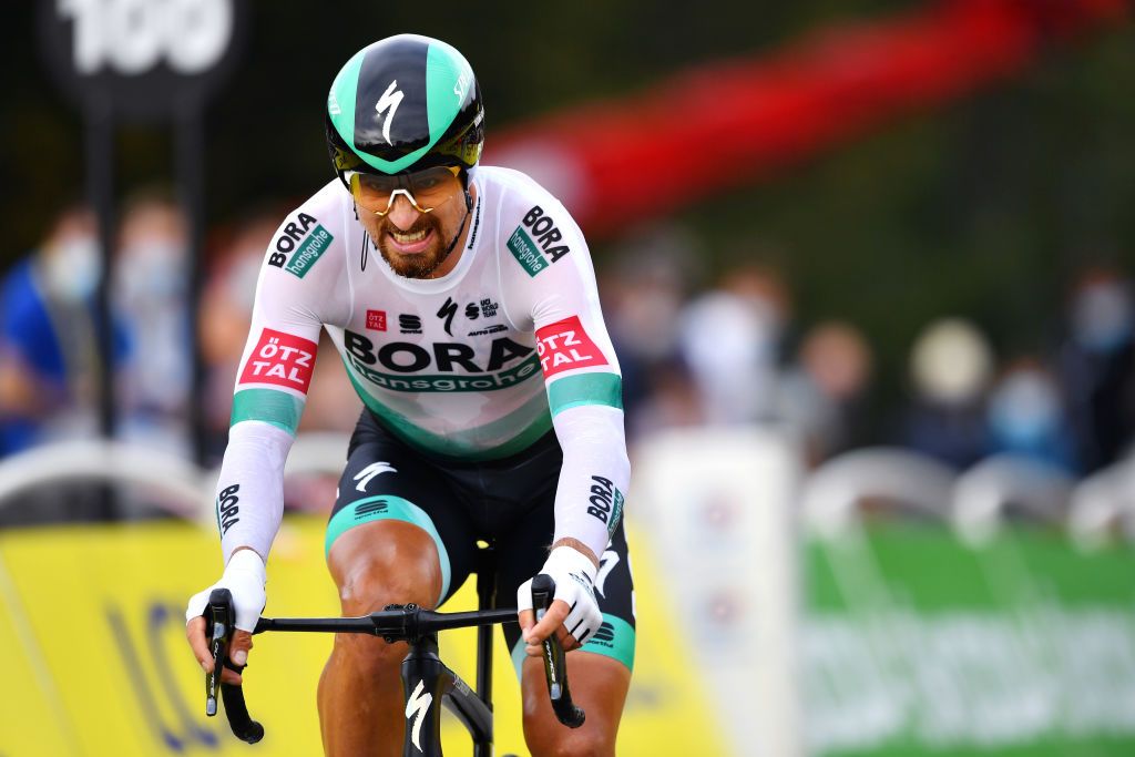 LA PLANCHE FRANCE SEPTEMBER 19 Arrival Peter Sagan of Slovakia and Team Bora Hansgrohe during the 107th Tour de France 2020 Stage 20 a 362km Individual Time Trial stage from Lure to La Planche Des Belles Filles 1035m ITT TDF2020 LeTour on September 19 2020 in La Planche France Photo by Stuart FranklinGetty Images