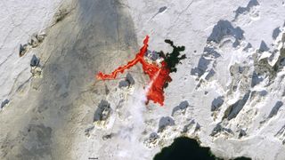 A satellite image shows the extend of the lava flow erupted from a volcano in Iceland on Feb. 8, 2024.