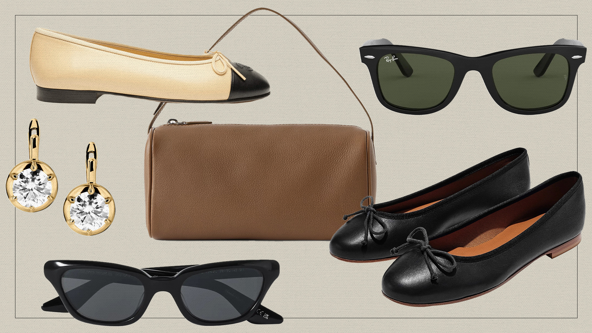 Collage of Chanel, Dorsey, Oliver Peoples x Khaite, The Row, Ray-Ban, and Margaux shoes and accessories.