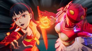 Anime-style character with glasses and a red outfit, alongside a fiery, abstract companion. They convey energy and determination, with vivid red and orange hues.