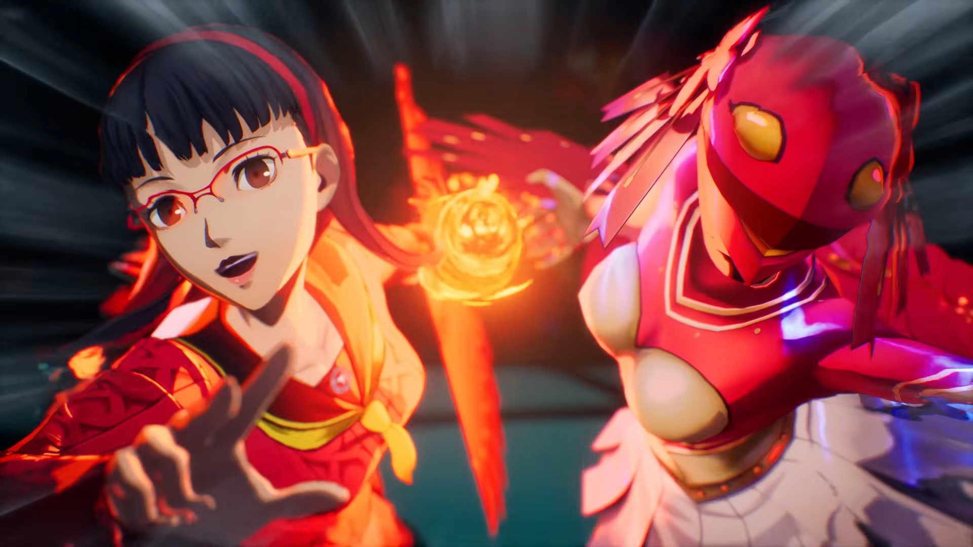 Anime-style character with glasses and a red outfit, alongside a fiery, abstract companion. They convey energy and determination, with vivid red and orange hues.