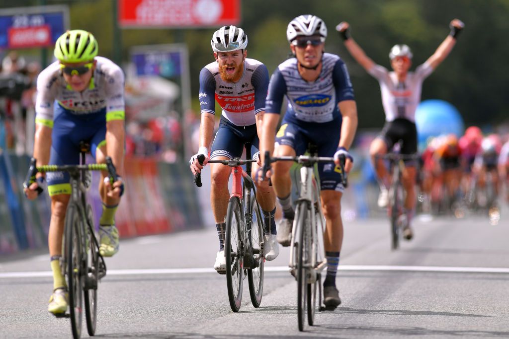 PLOUAY FRANCE AUGUST 25 Arrival Aime De Gendt of Belgium and Team Circus Wanty Gobert Quinn Simmons of United States and Team Trek Segafredo Alessandro Fedeli of Italy and Team Nippo Delko Provence during the 84th Bretagne Classic OuestFrance 2020 a 2478km race from Plouay to Plouay GrandPrixPlouay GPPlouay on August 25 2020 in Plouay France Photo by Luc ClaessenGetty Images