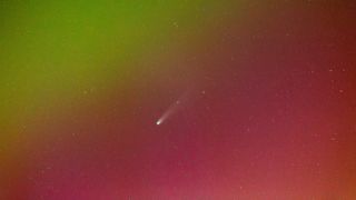 A close-up photo of Comet Lemmon appearing to fly through red and green auroras
