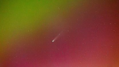 A close-up photo of Comet Lemmon appearing to fly through red and green auroras