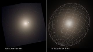 An image of Messier 87 captured by the Hubble Space Telescope (left), along with a 3D map of the giant elliptical galaxy (right).