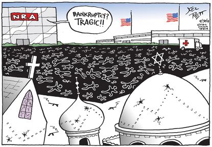 Political Cartoon U.S. NRA Bankruptcy mass shootings Oliver North resignation