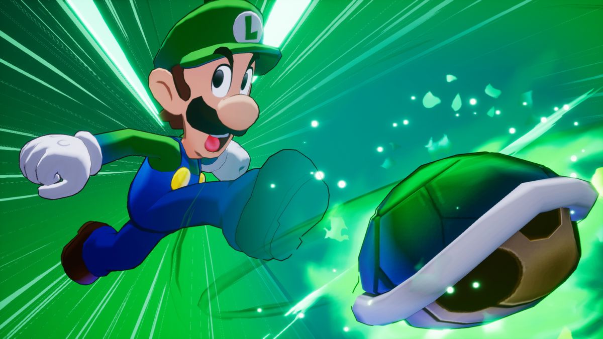Luigi kicks a green shell in Mario &amp; Luigi: Brothership with a dramatic camera angle