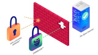 Graphic explaining VPN traffic with a feature breaking the wall between user and open internet