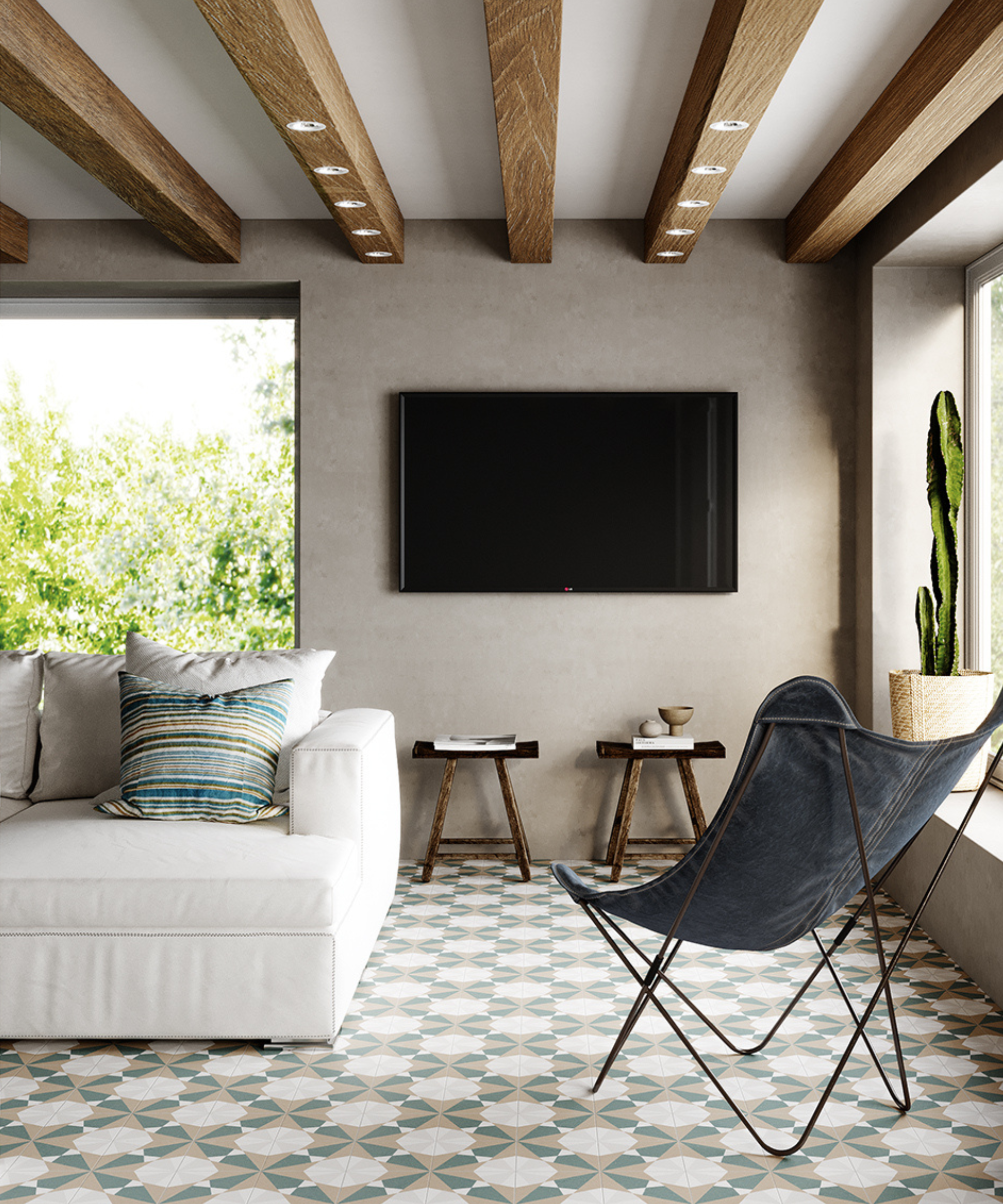 living room with patterned flooring