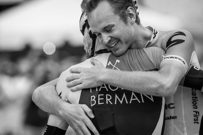 Jonny Brown (Axeon) is congratulated by his brother Nathan Brown (EF Education First-Drapac)after winning the US Pro Road Race National Championships on June 24, 2018 in Knoxville, Tennessee
