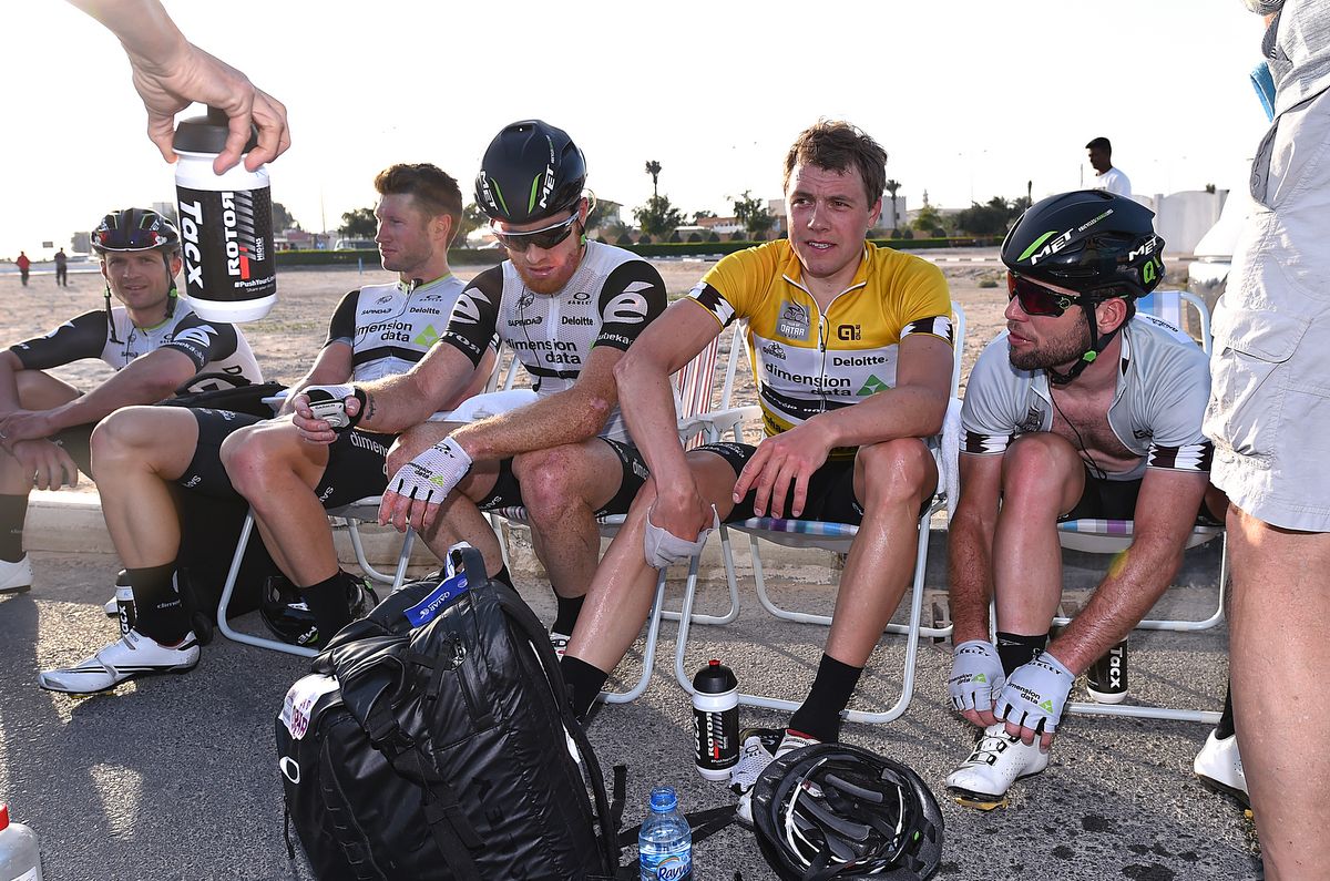 Edvald Boasson Hagen with his Data Dimension teammates post-stage