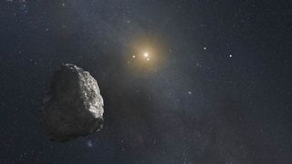 A rendering of an asteroid floating in space