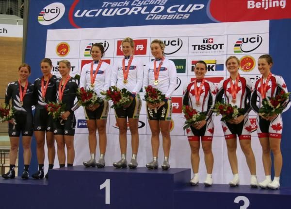 Women's team pursuit podium: New Zealand (2nd), Australia (1st) and Canada (3rd)