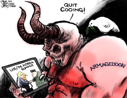 Political cartoon World Trump North Korea Singapore nuclear summit armageddon