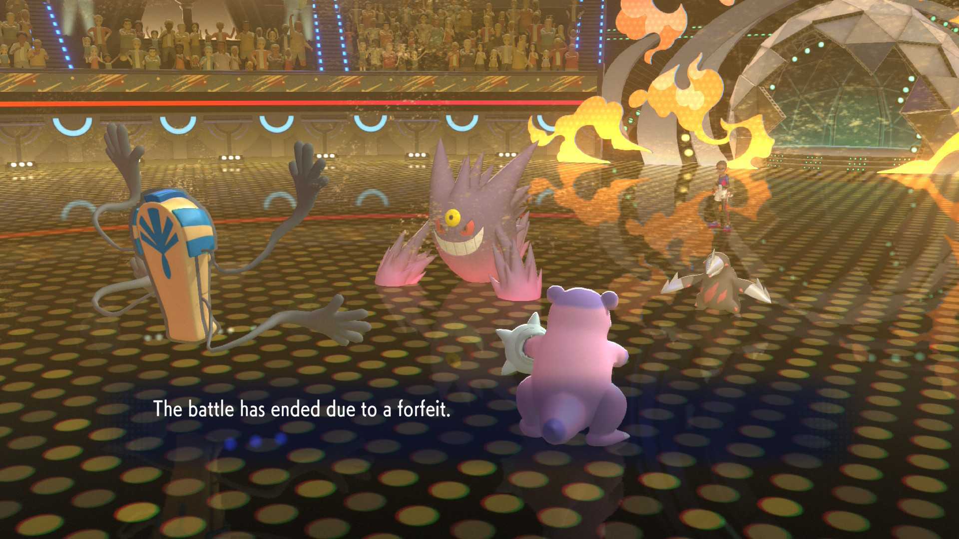 Pokemon Champions screenshot reads: "The battle has ended due to a forfeit."