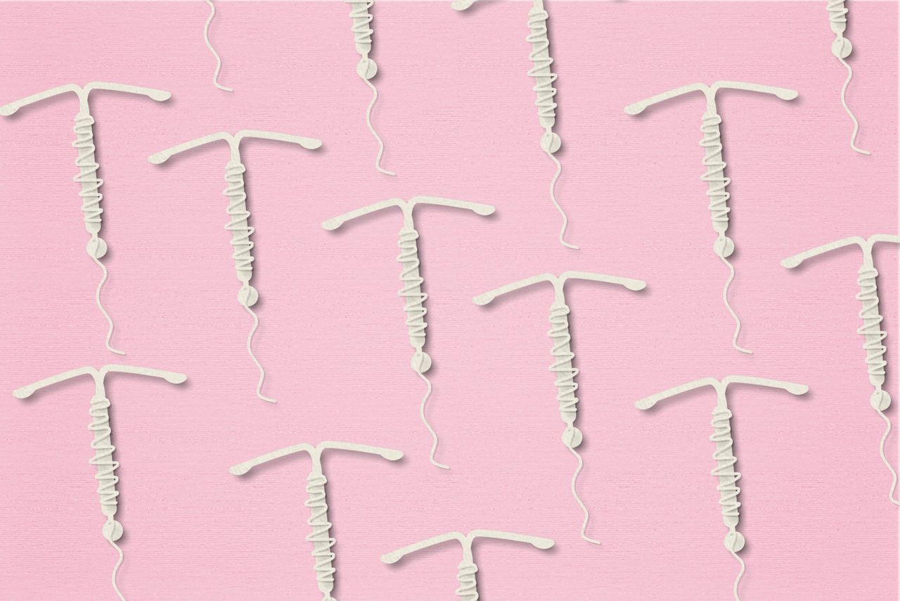 IUD types: IUD Concept hormonal contraception on a pink background