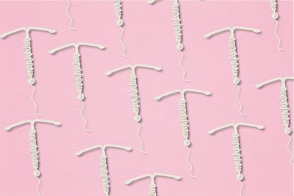 IUD types: IUD Concept hormonal contraception on a pink background