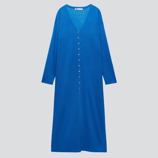 zara long knit cardigan flat lay in cobalt blue