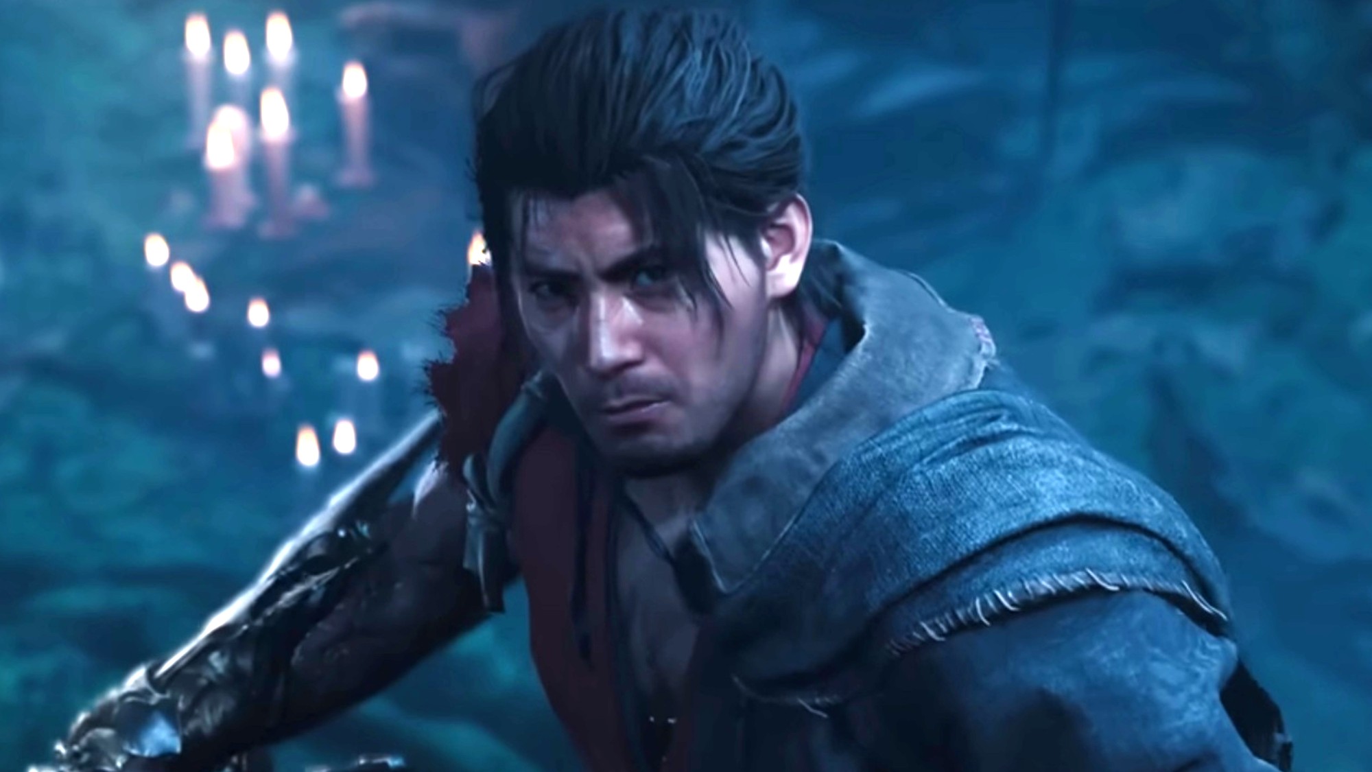 Miyamoto Musashi getting ready for combat in Onimusha: Way of the Sword