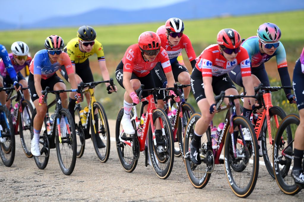 ZARAGOZA SPAIN MAY 01 LR Erica Magnaldi of Italy and UAE Team ADQ Alison Jackson of Canada and Team EF EducationCannondale Demi Vollering of The Netherlands and Team SD Worx Protimeduring the 10th La Vuelta Femenina 2024 Stage 4 a 1423km stage from Molina de Aragon to Zaragoza UCIWWT on May 01 2024 in Zaragoza Spain Photo by Alex BroadwayGetty Images