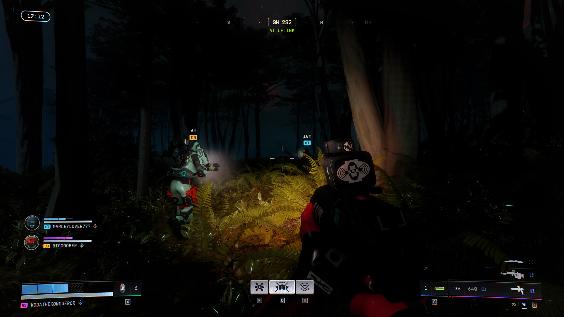 Marathon Season 2 screenshot showing three players walking with flashlight beams through absolute darkness in Night Marsh