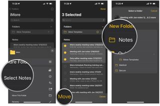 Move a Note to a new folder on iPhone by showing: Tap Select Notes, then select your notes, then tap Move, choose the folder to move notes into