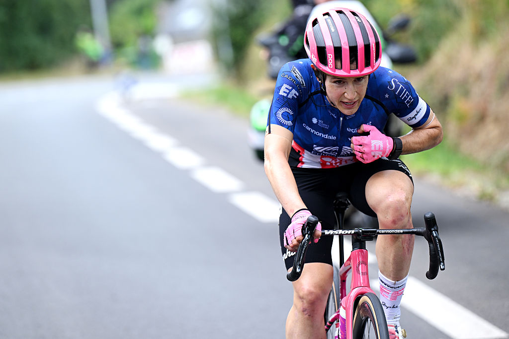 QUIMPER , FRANCE - JULY 27: Kristen Faulkner of The United States and Team EF Education-Oatly competes during the 4th Tour de France Femmes 2025, Stage 2 a 110.4km stage from Brest to Quimper / #UCIWWT / on July 27, 2025 in Quimper, France. (Photo by Szymon Gruchalski/Getty Images)