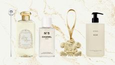 A collage of the gifts for fragrance lovers featured in this guide, including buys from Diptyque, Officina Profumo-Farmaceutica di Santa Maria Novella, Chanel, CREED and Byredo on a cream background with gold glitter