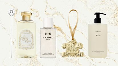 A collage of the gifts for fragrance lovers featured in this guide, including buys from Diptyque, Officina Profumo-Farmaceutica di Santa Maria Novella, Chanel, CREED and Byredo on a cream background with gold glitter