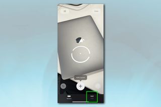 Screenshots of an iPhone in the process of enabling and using the Measure app as a level - here showing a MacBook in the camera view of the Measure app