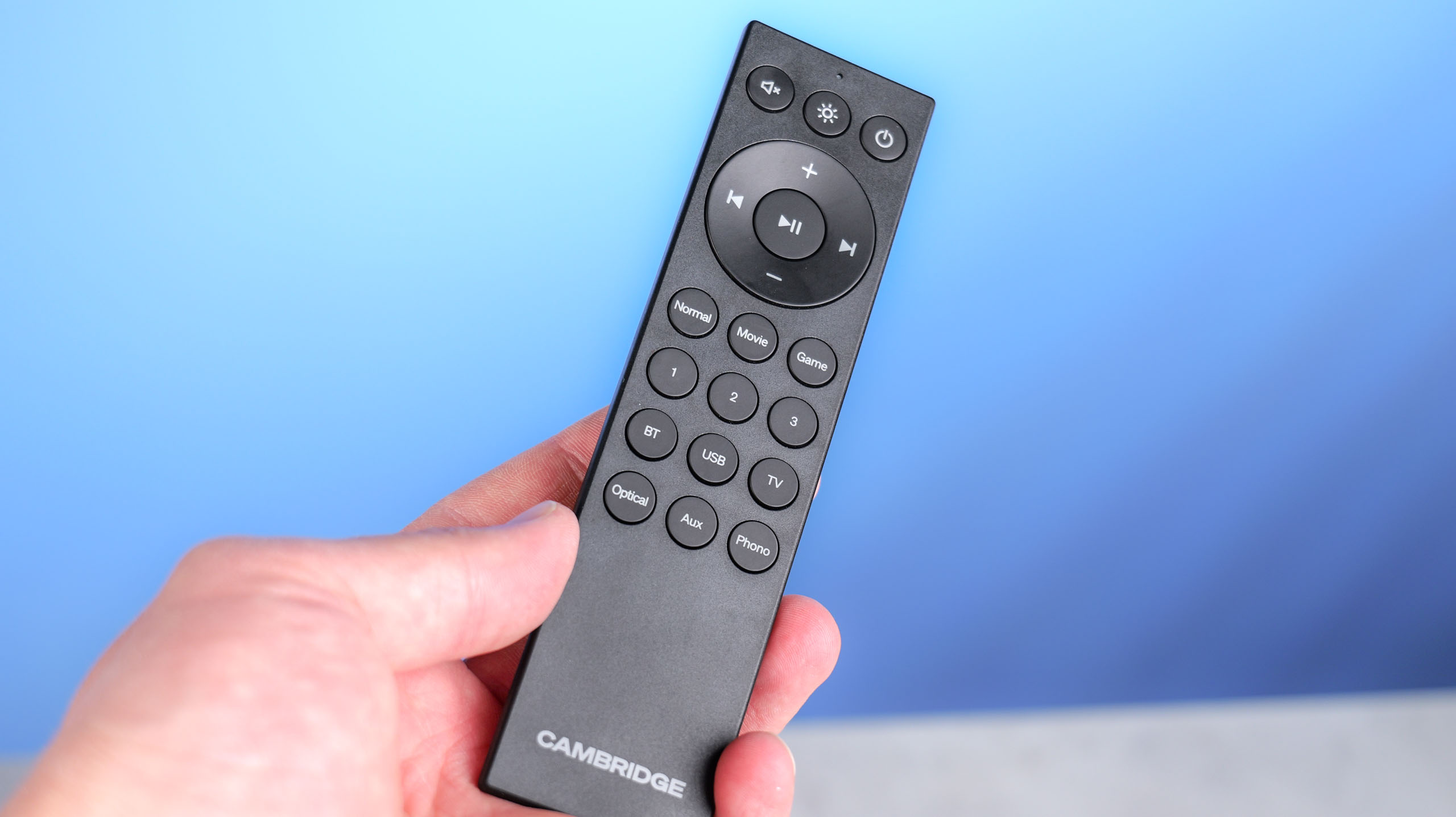 The Cambridge Audio L/R X remote in hand